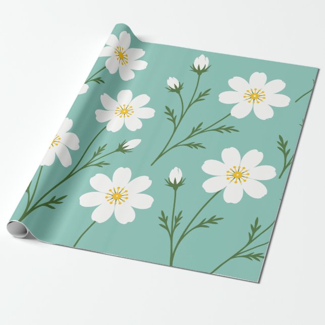 Vitt botaniskt vildblommuster presentpapper (Utrullad)
