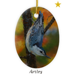 Vitt brast Nattch Bird Painting År Julgransprydnad Keramik