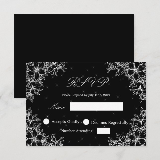 Vitt bröllops-RSVP med utsmyckad blomgrafik OSA Kort (Fram/baksida)
