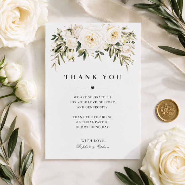 Vitt Bröllops Tacksamhetskort med Trädgårdsrosor Tack Kort (Elegant flat lay showcasing our White Garden Roses thank you card.)