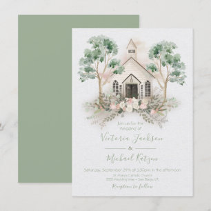 Vitt chapel i inbjudningarna till Eucalyptus Weddi Inbjudningar