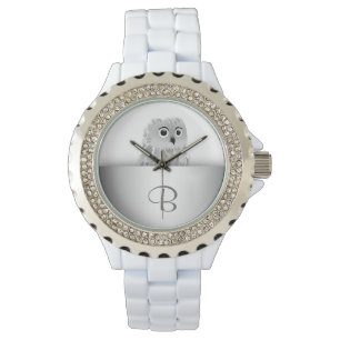 Vitt Cute Uggla Animaliskt Silver-monogram Armbandsur
