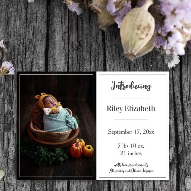 Vitt enkelt fotofödelsemeddelande meddelande (White Simple Photo Birth Announcement)