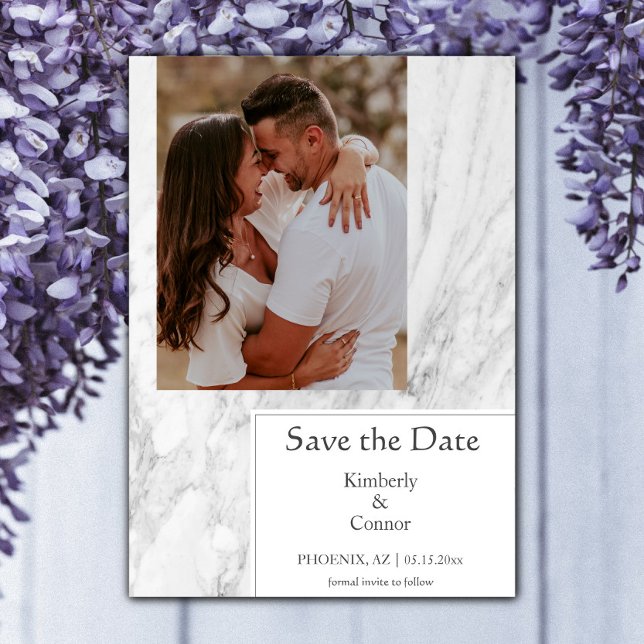 Vitt, enkelt, marmorerat foto spara datumet (White Simple Marbled Photo Save the Date)