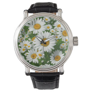 Vitt fält av daisy, vita blommor, grönska armbandsur