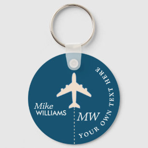 Vitt flygplan i Blue Keychain med Namn Nyckelring