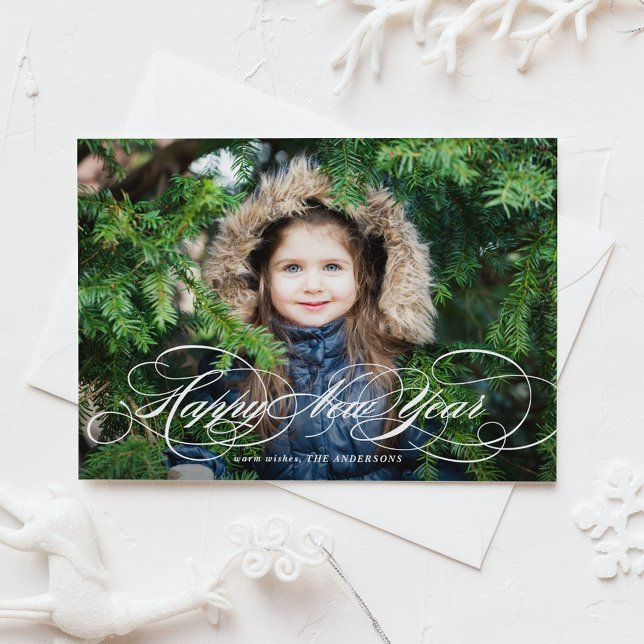 Vitt foto för Gott nytt år i formskrift Julkort (White Formal Script Happy New Year Photo Holiday Card)