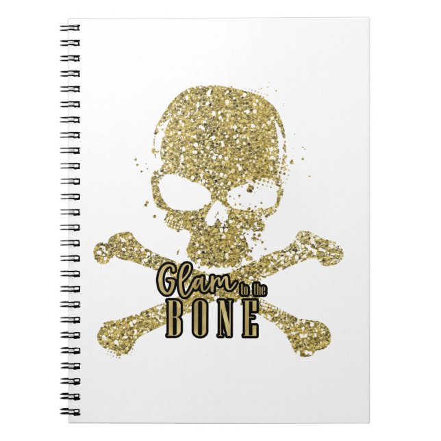 Vitt glam till Bone Guld Glitter Skull Anteckningsbok (Framsidan)