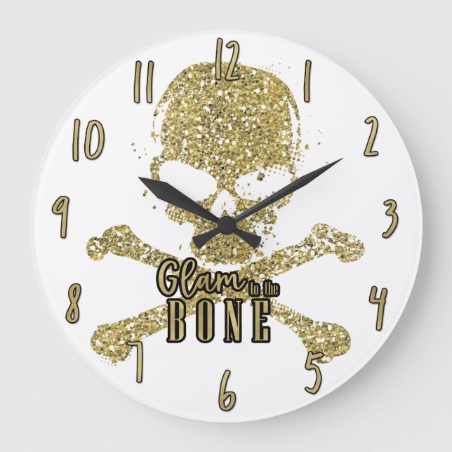 Vitt glam till Bone Guld Glitter Skull Stor Klocka (Framsida)