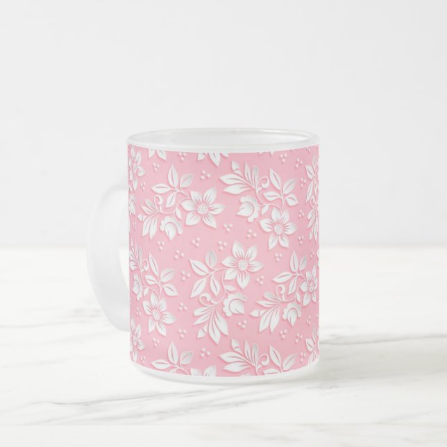 Vitt glas i modern Blommigt Rosa Frostad Glasmugg (Framsida vänster)