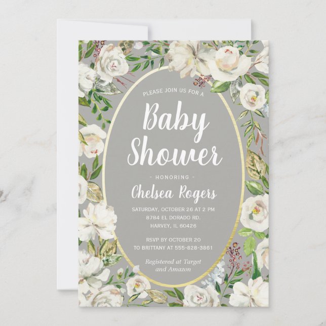 Vitt Grått Blommigt Kön Neutral Chic Babyskal Inbjudningar (Framsida)