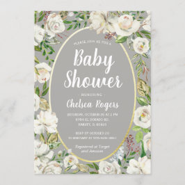Vitt Grått Blommigt Kön Neutral Chic Babyskal Inbjudningar