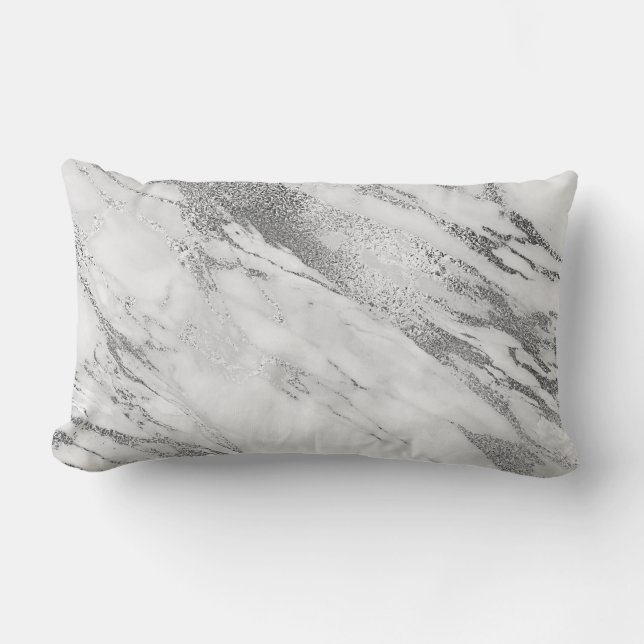 Vitt Grått Silver Monokromatiskt marmor Glam Lumbarkudde (Framsida)