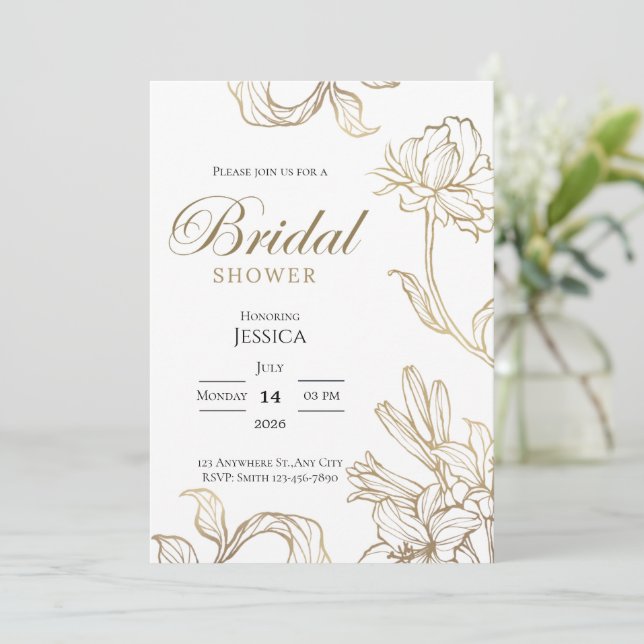 Vitt Guld Blommig Elegant Bröllopsfestinbjudan Inbjudningar (Stående Fram)