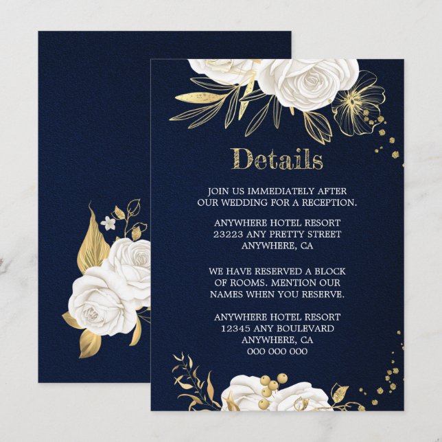 vitt guld blommig marinblå detaljer  tilläggskort (Fram/baksida)