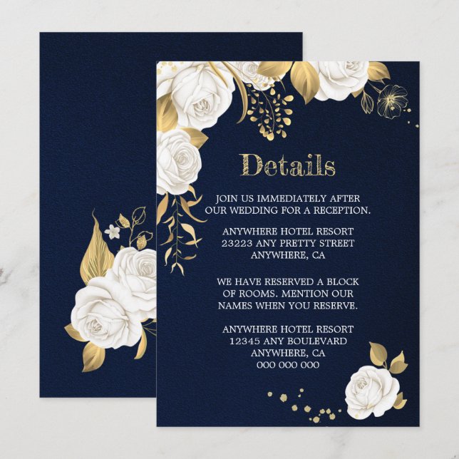 vitt guld blommig marinblå detaljer tilläggskort (Fram/baksida)