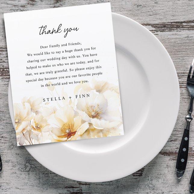 Vitt Guld-blommor-Tack-bröllopskort (White Gold Flower Thank You Wedding Reception Card)