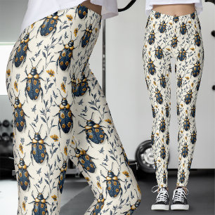 Vitt Guld Botanisk Blå Skalbaggar Leggings