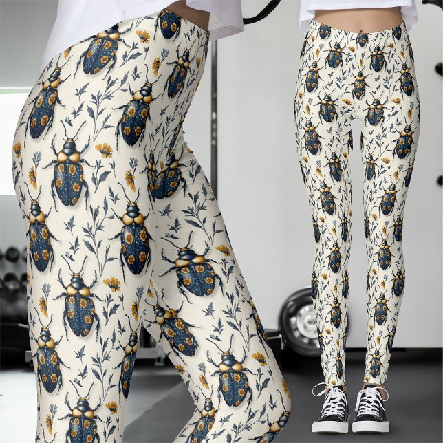 Vitt Guld Botanisk Blå Skalbaggar Leggings (Skapare uppladdad)