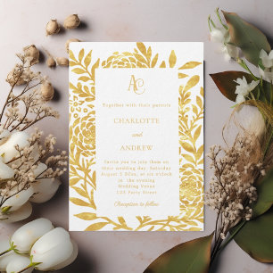 Vitt guld botaniskt monogram lyxig bröllopsfest inbjudningar