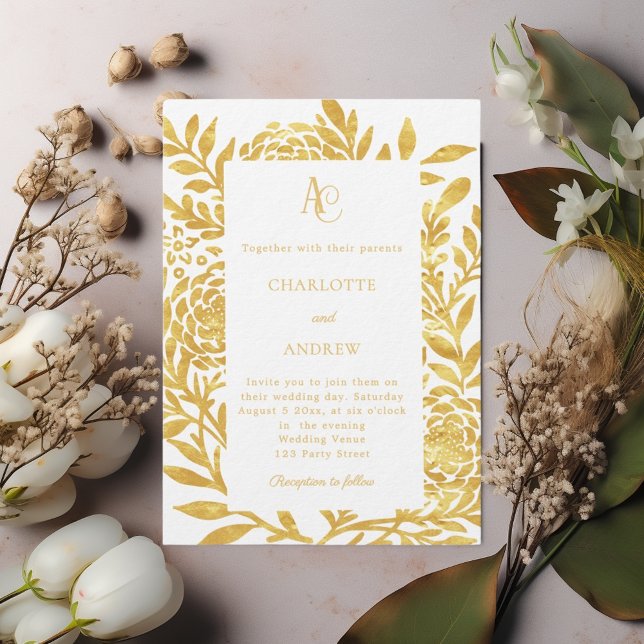 Vitt guld botaniskt monogram lyxig bröllopsfest inbjudningar (Skapare uppladdad)