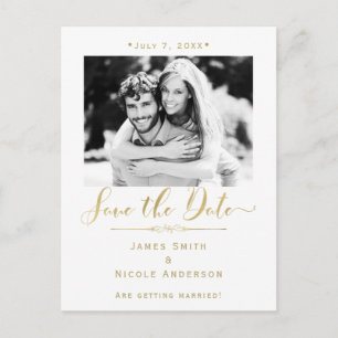Vitt & Guld Foto Modern Bröllops "Save the Date" Meddelande Vykort