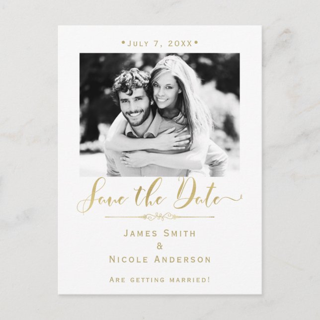 Vitt & Guld Foto Modern Bröllops "Save the Date" Meddelande Vykort (Framsida)