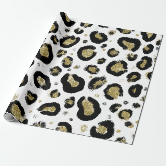 Vitt Guld Glitter & Svart Leopard Cheetah Tryck Presentpapper (Utrullad)
