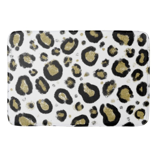 Vitt guld glitter & svart leopard cheetamönster badrumsmatta (Framsidan)