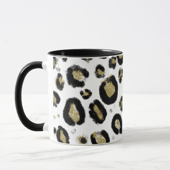 Vitt guld glitter & svart leopard cheetamönster mugg (Vänster)