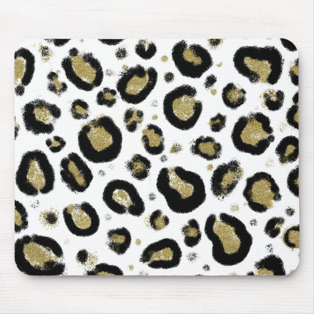 Vitt guld glitter & Svart leopard gepardtryck Musmatta (Framsidan)