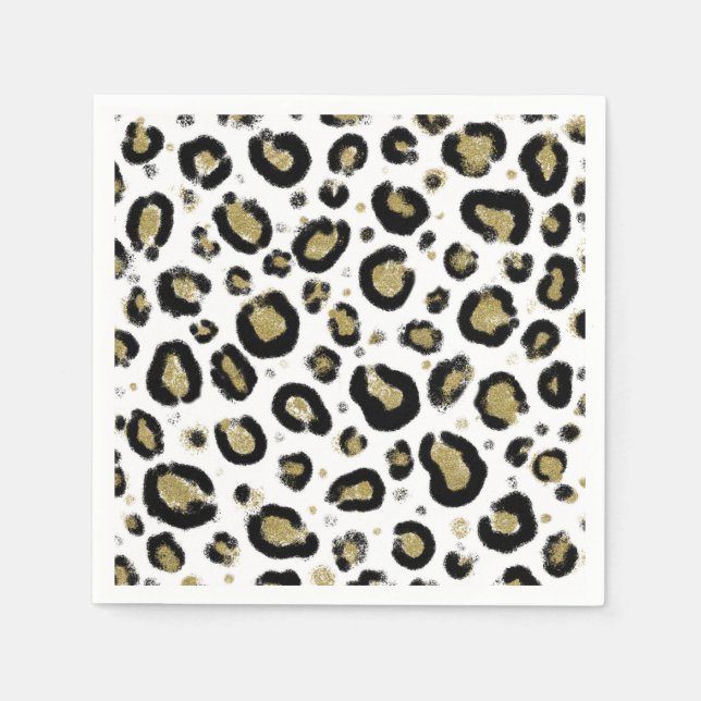 Vitt Guld Glitter & Svart Leopard Gepardtryck Pappersservett (Framsidan)