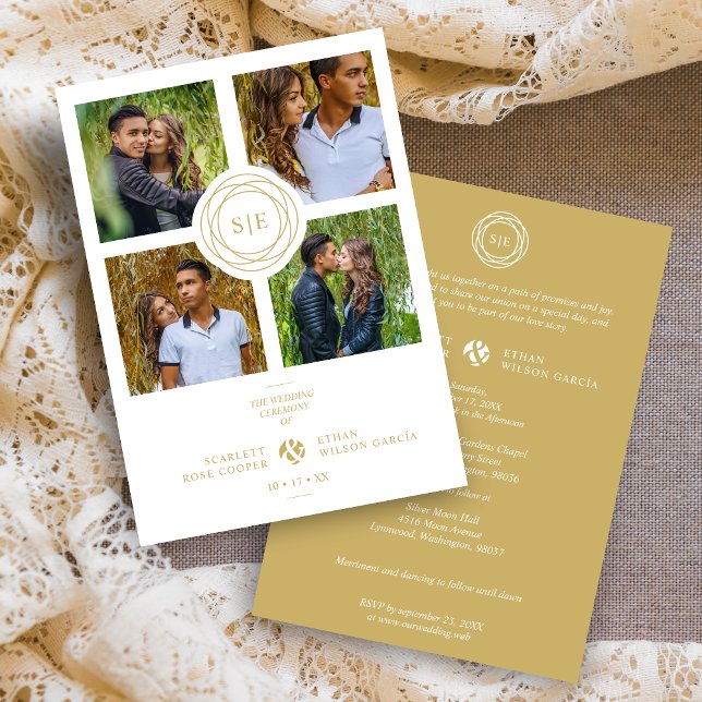 Vitt Guld Minimala Initialer Bröllop Elegant 4 Bil Inbjudningar (White & Fake Gold Minimal Initials Simple Fancy 4 Multi Photos Collage Wedding Invitation Card.)