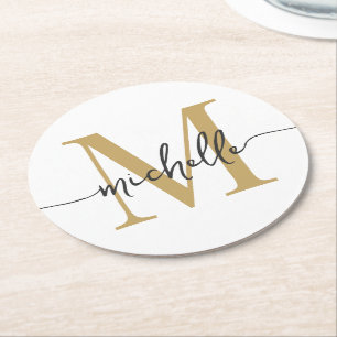 Vitt Guld Modernt Monogramnamn Elegant Skrift Underlägg Papper Rund
