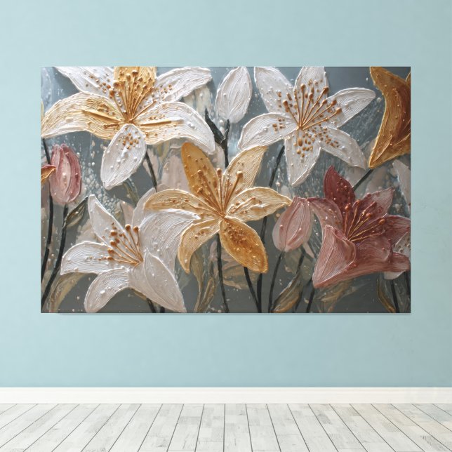 Vitt Guld Rosa Liljor Texturerad Abstrakt Väggkons Canvastryck (Insitu (trägolv))