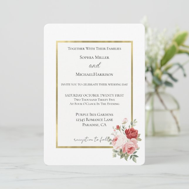 Vitt Guld Rosa Röda Rosor Blommig Bröllop Inbjudningar (Stående Fram)