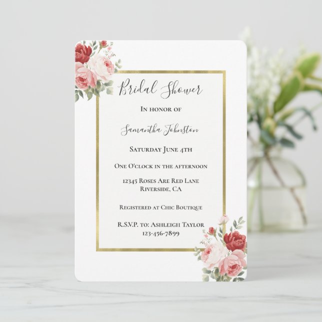 Vitt Guld Rosa Röda Rosor Blommig Bröllopsfest Inbjudningar (Stående Fram)