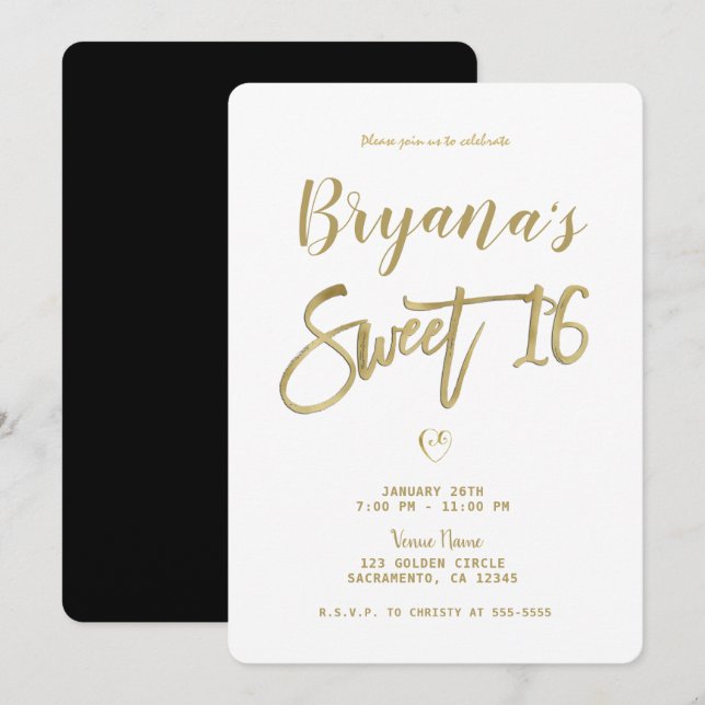 Vitt Guld & Svart Modern Minimal Chic Sweet 16 Inbjudningar (Fram/baksida)