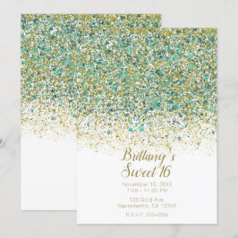 Vitt Guld & Teal Glitter Modern Kustnära Sweet 16 Inbjudningar