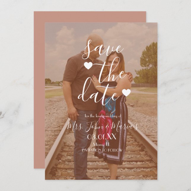 Vitt Hjärtskript Foto Spara datum Inbjudningar (Fram/baksida)