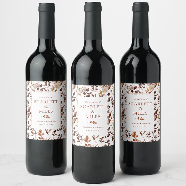 Vitt höst terrakotta löv bröllopspresent vinflaska etikett (White Fall Terracotta Foliage Wedding Favor Wine Label by Painted Paperie
)