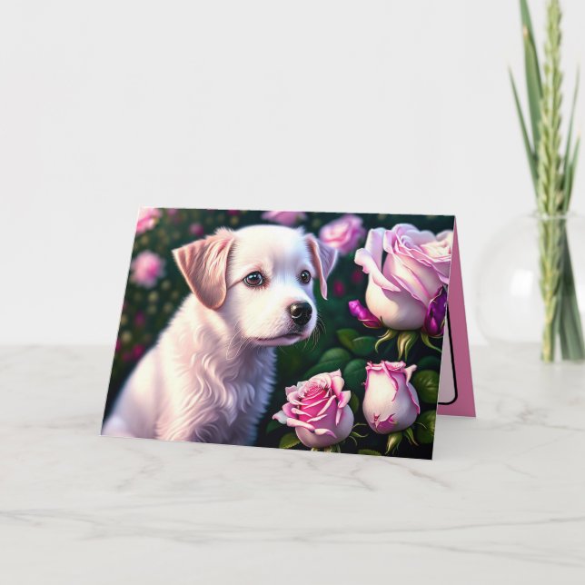 Vitt Hund Och Ros Kollektion Kort (Framsida)