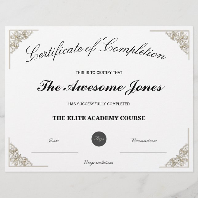 Vitt intyg om komplettering med Logotyp för Anpass (Framsida)