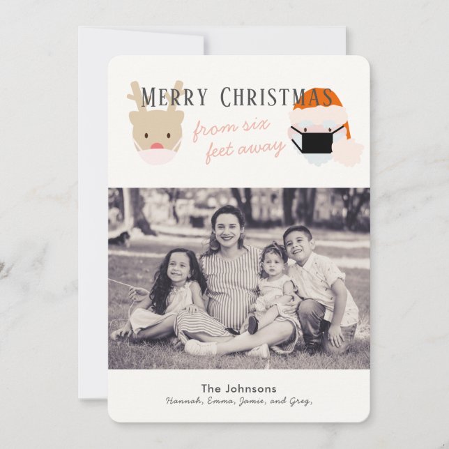 Vitt julfotkort för jultomten och renmasken julkort (Framsida)