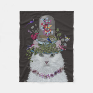 Vitt katt med Butterfly Bell Burk Fleecefilt