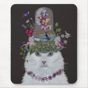 Vitt katt med Butterfly Bell Burk Musmatta