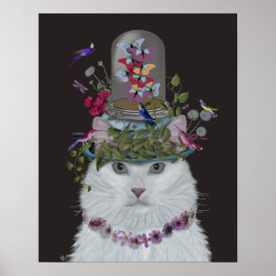Vitt katt med Butterfly Bell Burk Poster