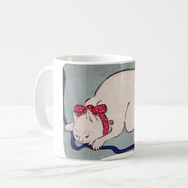 Vitt katt med en sträng, hiroshige kaffemugg (Framsida vänster)