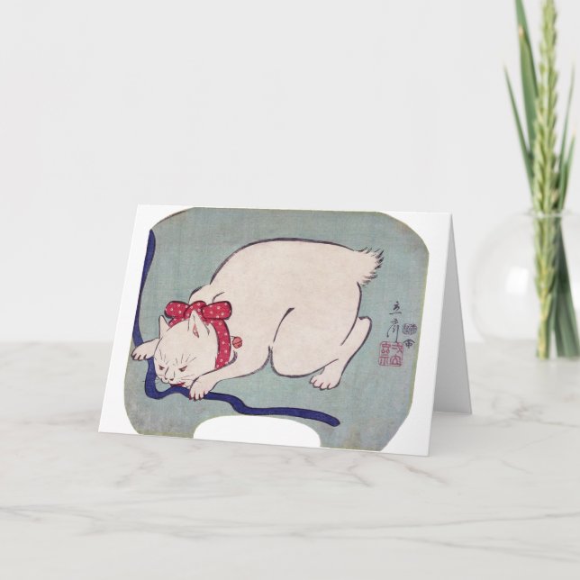 Vitt katt med en sträng, hiroshige kort (Framsida)