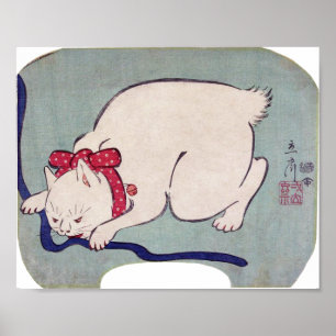 Vitt katt med en sträng, hiroshige poster